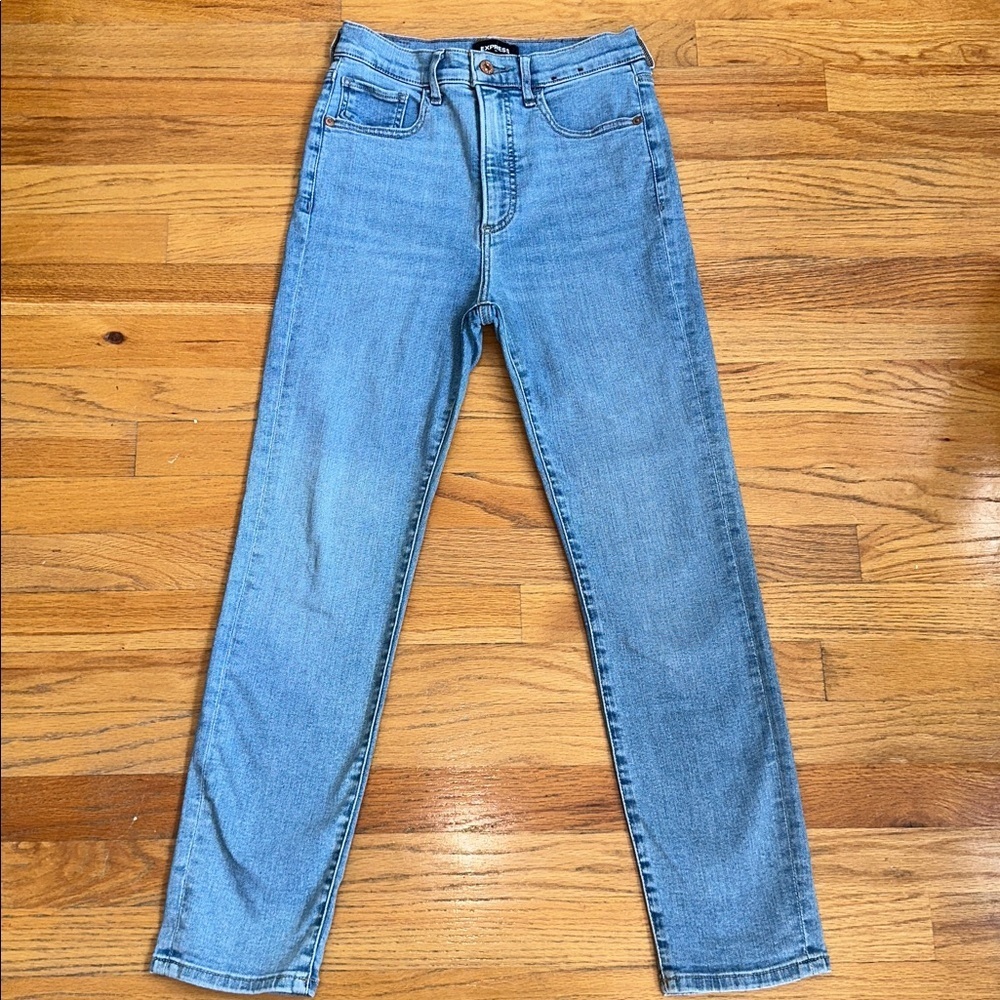 Express Light Blue Women's Super High Rise Straight Leg Jeans - Picture 2 of 6